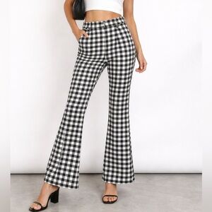 SHEIN Black White Gingham Flare Pants L High Rise Retro Parisian Style